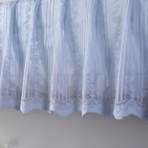Dettaglio in primo piano della copertura antipolvere per condizionatore in pizzo azzurro.
