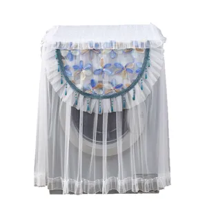 Fundas antipolvo de encaje blanco para lavadora con bordado floral azul y abalorios.