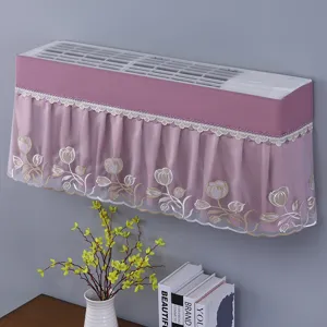Detailed view of the pink floral embroidered wall-mounted air conditioner dust cover.