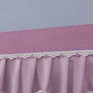 Purple air conditioner dust cover detail, lace trim sheer fabric, minimalist wall AC protector