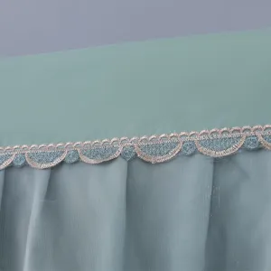 Detailed view of green wall-mounted air conditioner dust cover with elegant lace trim and mesh fabric.
