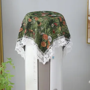 European floral round dust cover cloth with white lace edge for cabinet top decoration.