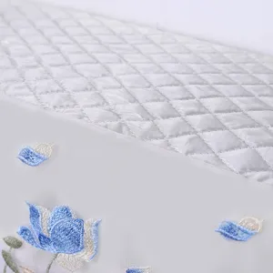 Gedetailleerd overzicht van airconditioner stofhoes met gewatteerde top en blauwe borduursels.