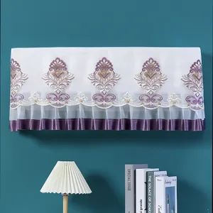 Elegant white mesh air conditioner cover featuring exquisite purple embroidery and satin trim.