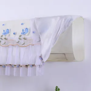 Witte kanten airco stijf hoesje met blauwe tulp borduursel wandmontage airconditioner beschermer.