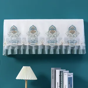 Elegant lace air conditioner dust cover detail, exquisite blue embroidery design, wall hanging.
