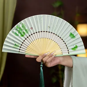 Eventail Pliant de Style Chinois Soie Bambou Eventail de Danse Portable Vintage Ginkgo Fleurs Impression Eventail à Main Pour Hanfu Qipao Fête