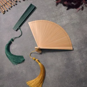 Traditional Chinese folding bamboo fan with elegant silk tassel for summer, gift and cosplay.
