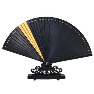 Black bamboo folding fan with stand Chinese style classical gift hand fan for summer.