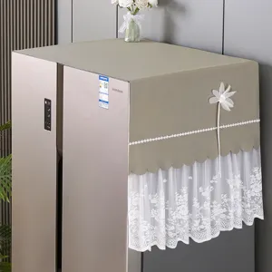 Khaki Kühlschrank Staubschutzabdeckung mit weißer Borte und Blumendekor für Geräte.
