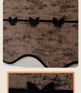 Primer plano detallado del tejido de funda de cama de chenilla con lazos y borde.