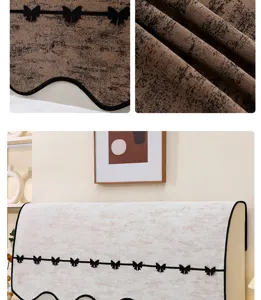 Detalle de funda para cabecero de chenilla, tela suave antipolvo con lazo decorativo.