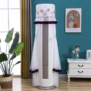 Cylindrical standing air conditioner dust cover with elegant lace embroidery for living room.