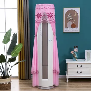 Detail view of pink lace vertical air conditioner dust cover with exquisite embroidery.