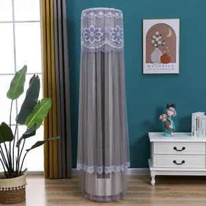 Detail view of a stylish grey lace vertical air conditioner dust cover in a cozy room.