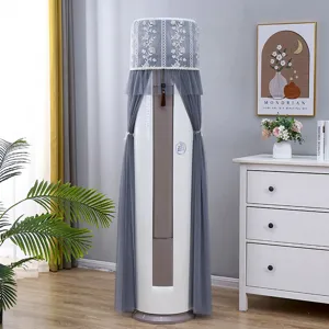 Grey lace embroidered vertical air conditioner dust cover, elegant living room detail view.