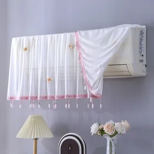 Housse de climatiseur en dentelle murale, rideau en filet anti-poussière avec fleurs et pompons.