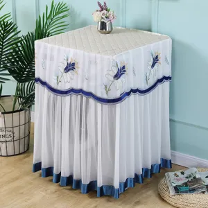 Fundas para lavadora de encaje a prueba de polvo con elegante bordado floral azul acolchado.