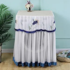 Cubierta de lavadora de encaje blanco con bordado floral azul funda protectora contra polvo.