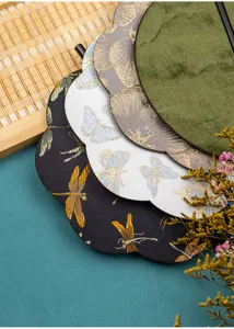 Traditional Chinese style embroidered folding fan with delicate butterfly and dragonfly patterns.