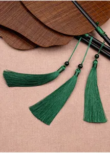 Traditional Chinese Hanfu woven bamboo fan with dark green tassels, portable retro vintage style.