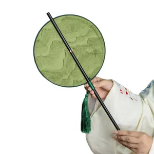 Ancient style bamboo round fan with green tassel, traditional Hanfu portable hand fan