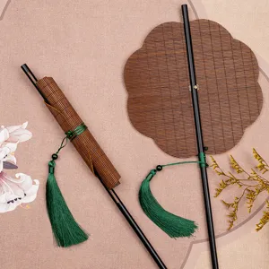 Traditional Hanfu bamboo round fan long handle rollable portable retro photography prop