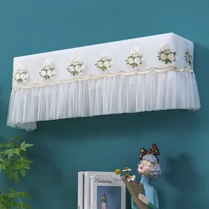 White lace floral embroidered wall-mounted air conditioner dust cover fine detail shot.