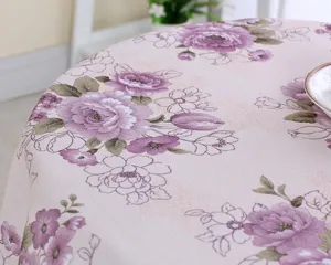 Floral round tablecloth fabric purple floral design elegant cotton linen table cover detail