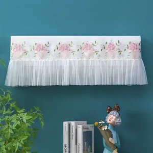 Wall mounted lace embroidered air conditioner dust cover with floral basket design for bedroom.