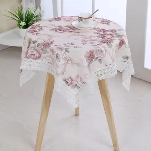 Pink rose floral tablecloth with white lace trim for small round table coffee table home decor