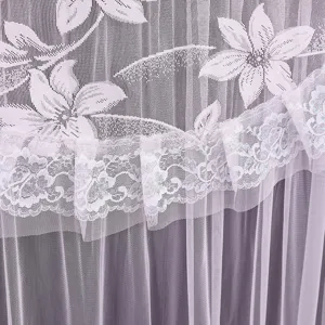 Detailed shot of purple lace TV dust cover, featuring elegant floral mesh fabric and ruffles.