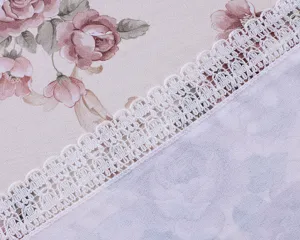 Vintage rose floral pattern fabric detail with exquisite white lace trim edge texture.