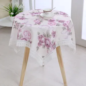 Floral cotton linen round tablecloth with delicate lace trim for home dining coffee table decor