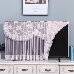Lace TV dust cover for 55 inch screen, sheer mesh decorative cover with floral embroidery home decor.