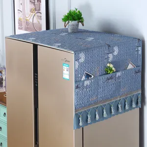 Quilted Refrigerator Dust Cover Cotton Botanical Ginkgo Leaf Print Top Cover with Storage Pockets and Tassel Home Decor