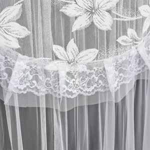 Close-up detail of white lace TV dust cover fabric, delicate floral mesh embroidery pattern.