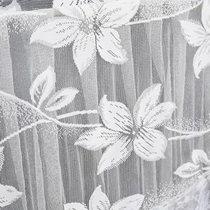 Detailed close up of white lace fabric featuring elegant floral pattern for home decor.