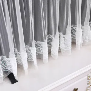 White lace TV dust cover detail view, elegant sheer mesh fabric for home decoration.