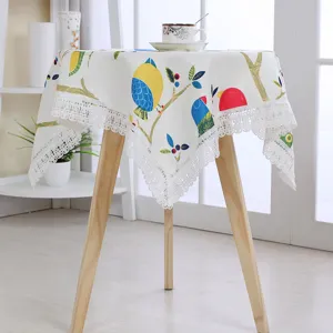 Cotton linen square tablecloth with cute bird pattern and white lace edge for coffee table.