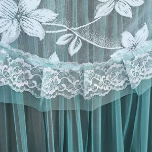 Detailed close-up of teal lace TV dust cover with floral mesh fabric and delicate ruffles.