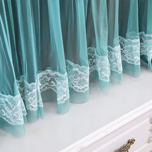 Detail shot of teal mesh TV dust cover with white lace trim, elegant home decor fabric