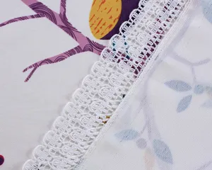 Detailed shot of cotton linen tablecloth with delicate white lace trim for dining.