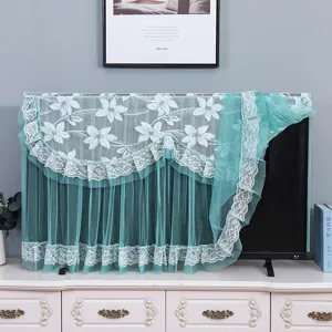 Green lace TV dust cover, translucent mesh fabric with elegant floral embroidery for 55 inch LCD.