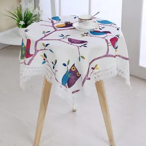 Cotton linen tablecloth with cute owl pattern and lace trim for small round tables.