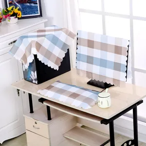 Plaid computer dust cover set including monitor and host cover for modern office desktop.