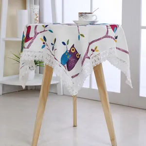 Cotton linen square tablecloth with cute owl print and lace edge for dining table tea table