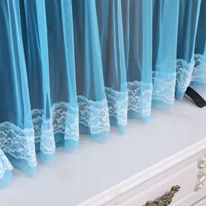 Blue mesh fabric detail with delicate white lace trim for elegant home dust cover display.