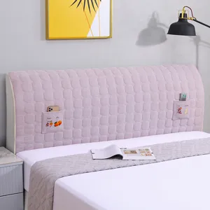 Thick quilted bed headboard cover with storage pockets, pink dustproof headboard protector