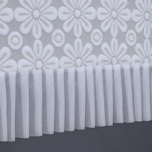 White lace washing machine cover detail, floral embroidery texture, pleated ruffle edge